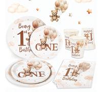 8/16/40 pezzi Set di stoviglie usa e getta per il 1° compleanno a tema orsetto marrone, include piatti di carta, bicchieri e tovaglioli, forniture per feste di 1° compleanno, decorazioni per matrimoni