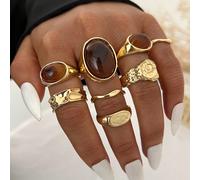 8/4 pezzi Set di anelli impilabili in stile vintage ed elegante con motivi boemi e monete, include pietra occhio di tigre marrone, design asimmetrico geometrico a ellisse e linee ondulate, adatto per 