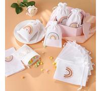 8/9 pezzi Borse regalo in lino bianco con stampa arcobaleno con coulisse, borse per confezioni regalo a tema arcobaleno estivo, disponibili in due stili di motivi, adatte per feste di compleanno, addi