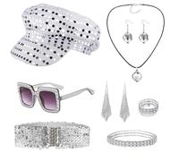 8 accessori da discoteca anni '70, vestito da discoteca da donna con cappello con glitter alla moda, anello da discoteca, costume da discoteca, costume da discoteca retrò per carnevale, Halloween