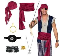 8 accessori Deguisement Pirate Homme et Femme, Kit De Déguisement avec Bandana de Pirate Cache Oeil Pendentif Ancre Boucles D'oreilles Anneau Bracelet pour Carnaval Halloween Cosplay