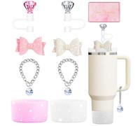 8 accessori diamantati per Stanley Cup Glitter Straw Topper in silicone Boot Bow Tie Crystal Handle Charms per Stanley Cup 30 & 4 oz Rosa Bicchiere Tazza Bottiglia d'acqua Accessori Set di accessori