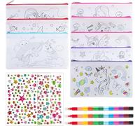 8 Astucci Unicorno da Dipingere per Bambini Astucci per Bambini da Colorare | con 3 Pastelli a Cera Impilabili Fai Da Te Borsa in Tessuto con Cerniera per Pittura Festa Compleanno Regali per Bambini