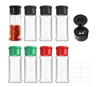8 barattoli per spezie con coperchio, 100 ml, trasparenti, in plastica, con tappo a setaccio, per spezie, sale, pepe, polvere, erbe e polveri (nero, rosso, verde)