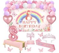 8° compleanno ragazza decorazione 47 pezzi rosa arcobaleno striscioni per 8 anni, tovaglia, decorazione farfalla, fascia e tiara per 8° compleanno, decorazione torta, candele, arco palloncini