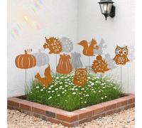 8 decorazioni da giardino per esterni, in metallo, per decorazione autunnale, per esterni, effetto ruggine con riccio, gufo, zucca, scoiattolo per interni, decorazione da giardino, terrazza, bonsai