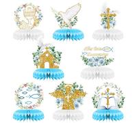 8 decorazioni per battesimo prima comunione centrotavola a nido d'ape eucaristia dio benedica topper da tavolo battesimo croce colomba decorazione per baby shower battesimo festa forniture religiose