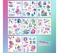 8 Fogli Adesivi Tatuaggio Temporanei Glitter Sirena & Unicorno Per Ragazze E Ragazzi, Adesivi Tatuaggio Temporanei Impermeabili Con Motivo Arcobaleno Unicorno Fairy-mermaid-oceano Con Tartarughe E Ste