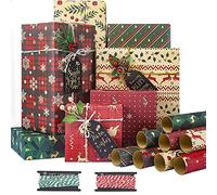 8 fogli di carta regalo di Natale, 70 x 50 cm, carta regalo kraft, carta regalo riciclata, 8 motivi, con 2 rotoli di corda da 5 m, per imballaggio regalo di festa di Natale, fai da te fatto a mano