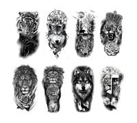 8 fogli di tatuaggi temporanei impermeabili for uomini e donne, animali, leone, tigre, orso, lupo, body art, tatuaggi finti sul braccio