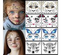 8 foglie, costume da leopardo per Halloween, tatuaggi temporanei per bambini, tatuaggi temporanei con brillantini, leopardo, tatuaggio per il viso di Halloween, adesivi per il viso (8 tatuaggi animali