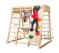 8 in 1 Palestra nella Giungla per Bambini, Giochi Bambini Rete e Arrampicata su Roccia con Scivolo Altalena Barre Orizzontali Scala di Corda Tavolo da Disegno Parco Giochi al Coperto in Legno
