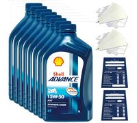 8 Litro Originale Shell Advance 4T Ax 7 15W50 Olio Motore Moto 600074503 Set