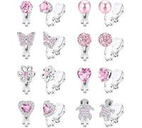 8 paia di orecchini a clip per bambini, orecchini da ragazza, senza foro per l'orecchio, ipoallergenici, a forma di cuore, a forma di stella, fiori, arcobaleno, tartarughe, graziosi orecchini rosa