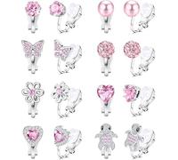8 paia di orecchini a clip per bambini, orecchini da ragazza, senza foro per l'orecchio, ipoallergenici, a forma di cuore, a forma di stella, fiori, arcobaleno, tartarughe, graziosi orecchini rosa