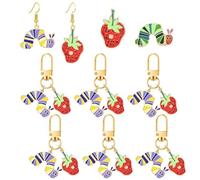 8 paia di orecchini a forma di fragola con bruco molto affamato, set di gioielli per donne, divertente, verde, bruco e fragola, portachiavi carino animale estetico gioielli regali, Grande, Lega di