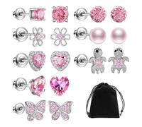 8 paia di orecchini con diamanti rosa per bambini, ipoallergenici personalizzati, adatti per ragazze, graziosi fiori, farfalle, Pelle