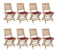 8 Pcs Acacia Wood Folding Garden Chairs with Cushions, Outdoor Patio Furniture Set for Relaxing, Durable Foldable Seating with Wine Red Cushions, Comfortable Backyard Dining Chairs, Max Load 110kg