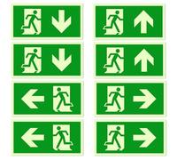 8 PCS Uscita di Emergenza Segno langnachleuchtend e Autoadesivo, Pellicola Riflettente in Polietilene, Cartello Uscita di Emergenza “Sinistra”, “Destra” e “Giù”, “monte” Ideale per Interni ed Esterni