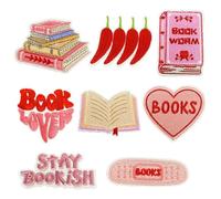 8 pezzi Bookish Toppe di riparazione termoadesive con peperoncino ricamato per cucire vestiti cappelli zaini