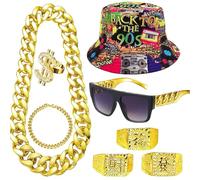 8 Pezzi Costume da Magnaccia con Catena d'Oro Carnevale, Costume da Rapper Hip Hop, Anni '80/'90, Vestito da Uomo con Dollari, Anello Dollaro, Bracciale Dorato per Carnevale