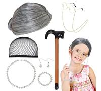 8 pezzi costume da nonna, parrucca grigia, occhiali da nonna con catenina, collana di perline, orecchini, bracciale e bastone gonfiabile, accessorio per costume da vecchia donna, per carnevale, Natale