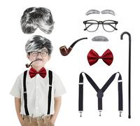 8 pezzi costume da nonno, costume di Halloween, costume per bambini, parrucca grigia baffi, sopracciglia, occhiali da passeggio, bretelle per bambini e uomini, accessori per costume da pensionato per