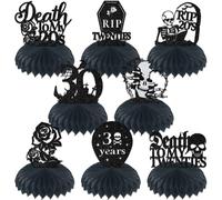 8 pezzi Death to My Twenties centrotavola a nido d'ape Rip to My 20s decorazioni di compleanno funerale per la mia gioventù decorazione da tavolo nero glitter