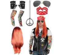8 Pezzi Rock Parrucca Disco Anni '70/ '80/ '90, Parrucca Uomo in Metallo Pesante con Bandana, Occhiali da Sole, Collana, Braccio Finto Maniche Tatuaggio, Guanti, per Halloween Carnevale Cosplay