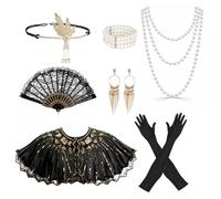 8 Pezzi Set di Accessori Anni 20 Donna, 1920 Accessori Flapper Anni 20s Gatsby Costume Set, Charleston Accessori con Scialle Nero e Oro, Ventaglio Vintage, Guanti, Collana di Perle per Festa Ballo