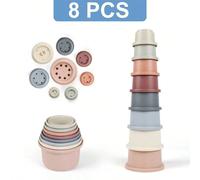 8 pezzi Tazze impilabili e nidificabili, giocattolo da bagno per bambini da 1 a 3 anni, giocattolo per piscina e vasca da bagno per bambini da 6 a 12 mesi, regalo educativo precoce Montessori per bamb