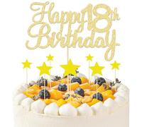 8 Pezzi Topper per Torta per 18° Compleanno Oro, 1 Decorazione di Happy 18th Birthday e 7 Cake Topper a Stella, Decorazione Torta 18° Compleanno per Festa Anniversario 18° Compleanno Supplementi