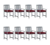 8 Piece Acacia Wood Garden Chairs Set with Cushions, Gray Weather-Resistant Outdoor Patio Furniture for Backyard, Poolside, Includes 8 Wine Red Polyester Cushions, Max Load 110kg per Seat
