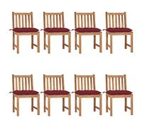 8-Piece Teak Wood Garden Chairs Set with Cushions, Outdoor Patio Furniture for Backyard, Terrace, Weather-Resistant Solid Wood Dining Seating, Wine Red Cushions Included, Max Load 110kg per Seat