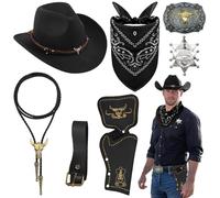 8 Pièces Cowboy Costume Accessoires Set, Marron Cowboy Fancy Dress Kit avec Chapeau de Cowboy Bandana Insigne Ceinture Collier Vintage pour Adulte Hippie Carnaval Cosplay