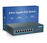 8 Port Gigabit Poe Switch; 120W 802.3Af/At; Metal Fanless Unmanaged Plug and Pla
