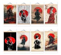 8 poster e stampe giapponesi samurai guerrieri da appendere, arazzo vintage da parete, motivo tatuaggio Bushido, decorazione artistica da parete, in legno massello, decorazione per la casa (30 x 45 cm