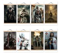 8 poster vintage da parete con cavalieri templari, in legno massello, crociata cristiana, da appendere alla parete, per gli appassionati di storia, decorazione medievale con cavaliere crociato (30 x