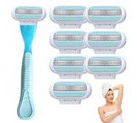 8 ricariche per rasoio da donna con manico blu, | Compatibile con rasoio liscio Gillette Venus, lama a 3 strati e testa girevole, lavabile e facile da sostituire