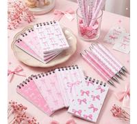 8 Set di quaderni a spirale con fiocco rosa e penne a , quaderni portatili, mini quaderni a spirale, penne retrattili, penne per firme, bomboniere con fiocco rosa, regali per feste di compleanno, bomb