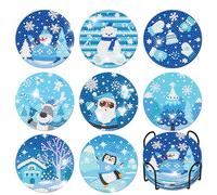 8 Sottobicchieri Diamond Painting per Adulti con Supporto, Fai da Te Ghiaccio e Regno di Neve, Babbo Natale, Alci, Pinguino, Pupazzo di Neve, Natale, Legno con Sughero