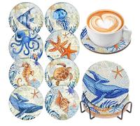 8 sottobicchieri per pittura artistica con diamanti con supporto, set di sottobicchieri fai da te con oceano, kit di pittura con diamanti per adulti, bambini e principianti, forniture artigianali con