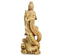8 - Statua di Quan Yin in Piedi su Un Drago, Scultura Feng Shui in Legno di bosso Realizzata a Mano, Raffigurante la dea della Misericordia Kwan Yin, per l'arredamento Buddista della casa.