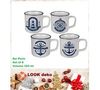 8 Tazze Da Caffè Marittime Teatime Anker Kompass Leuchtturm Steingut 9x8cm 325ml