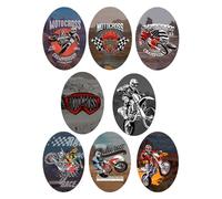 8 toppe per ginocchiera MOTOCROSS serigrafate da stirare sui vestiti. Applicazioni termoadesive per riparare e decorare pantaloni, giacche, maglioni, zaini, vestaglie, ecc. (8556)