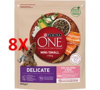 8 X Purina One Dog Mini Smoll <10 Lg Delicate Salmone Con Riso Busta 800 Grammi