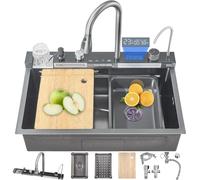 80 cm Smart Digital Display Display Cascata 304 Acciaio inossidabile Lavello da cucina moderno con 5 modalità di uscita Acqua Waterfall tira rondelle di tazza di rubinetto e altri accessori per