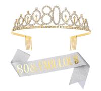 "80 & Fabulous", set di diadema con fascia e strass, regalo per l'80° compleanno da donna, fascia color argento e oro, per 80° compleanno, decorazione per festa di compleanno (nastro 80°), Metallo