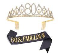 "80 & Fabulous", set di diadema con fascia e strass, regalo per l'80° compleanno da donna, fascia di compleanno in oro nero per 80° compleanno, decorazione per festa di compleanno (nero 80°)