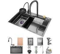 80 x 50 cm Lavelli da cucina,Vasca singola Lavello da cucina a cascata,Lavandino Cucina Multifunzione con Rubinetti Retrattili,Lavabicchieri Lavandino,filtro a cestello,sifone e Set di Drenaggio